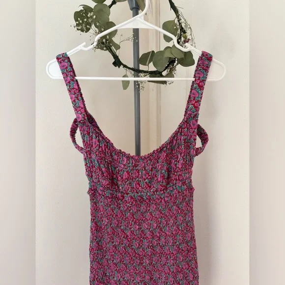 Free People Intimately Juniper Floral Mini Dress Smocked Bodycon Pink Sz Small - Picture 5 of 14